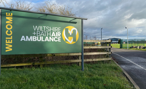 A welcome sign to Wiltshire and Bath Air Ambulance's airbase