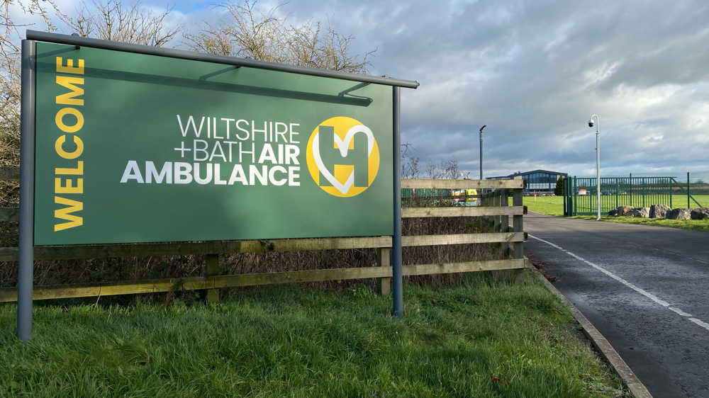 A welcome sign to Wiltshire and Bath Air Ambulance's airbase