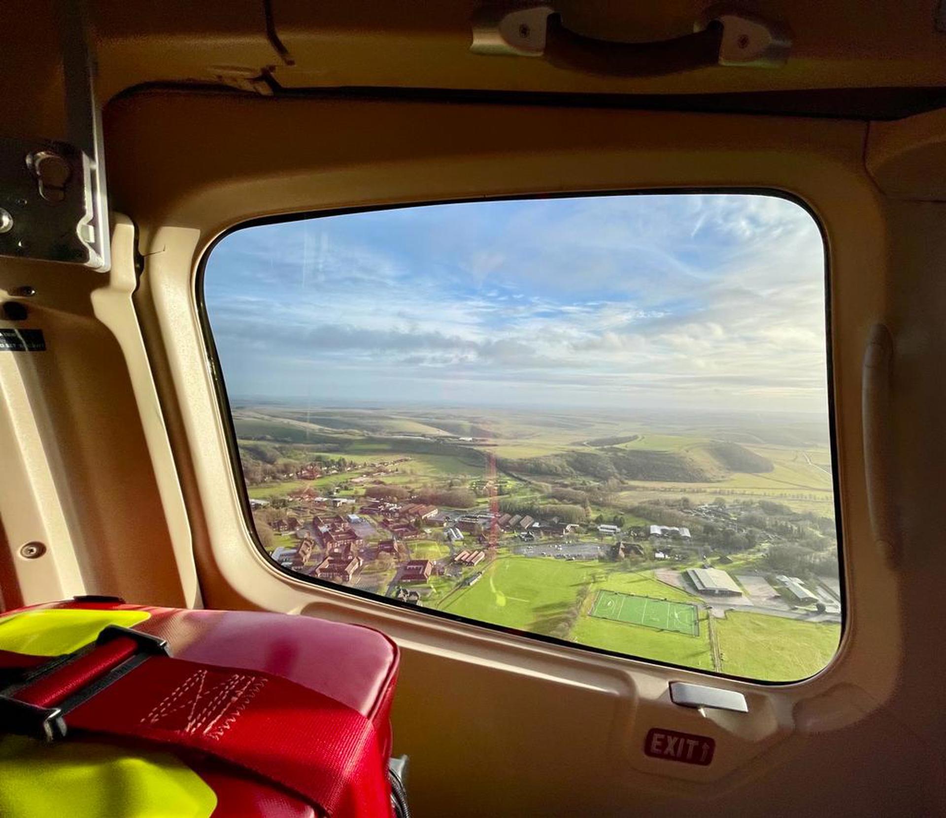 A view of Warminster out of a window of Wiltshire Air Ambulance's helicopter A view of Warminster out of a window of Wiltshire Air Ambulance's helicopter