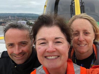 A selfie of paramedic Jo, pilot Matt and doctor Rosie on the Bristol Royal United helideck A selfie of paramedic Jo, pilot Matt and doctor Rosie on the Bristol Royal United helideck