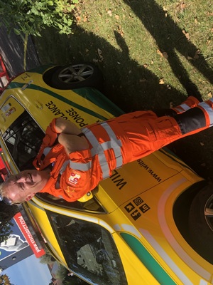 Critical care paramedic Keith Mills at Swindon Town Football Club in front of the charity's critical care car. Critical care paramedic Keith Mills at Swindon Town Football Club in front of the charity's critical care car.