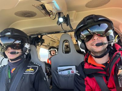 Left to right - Pilot Rob Backus, Dr Maria Smith and Paramedic Ben Abbott selfie in the Wiltshire Air Ambulance helicopter Left to right - Pilot Rob Backus, Dr Maria Smith and Paramedic Ben Abbott selfie in the Wiltshire Air Ambulance helicopter