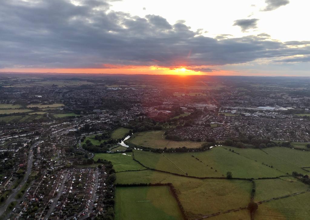 Aerial view of Chippenham with a sunset