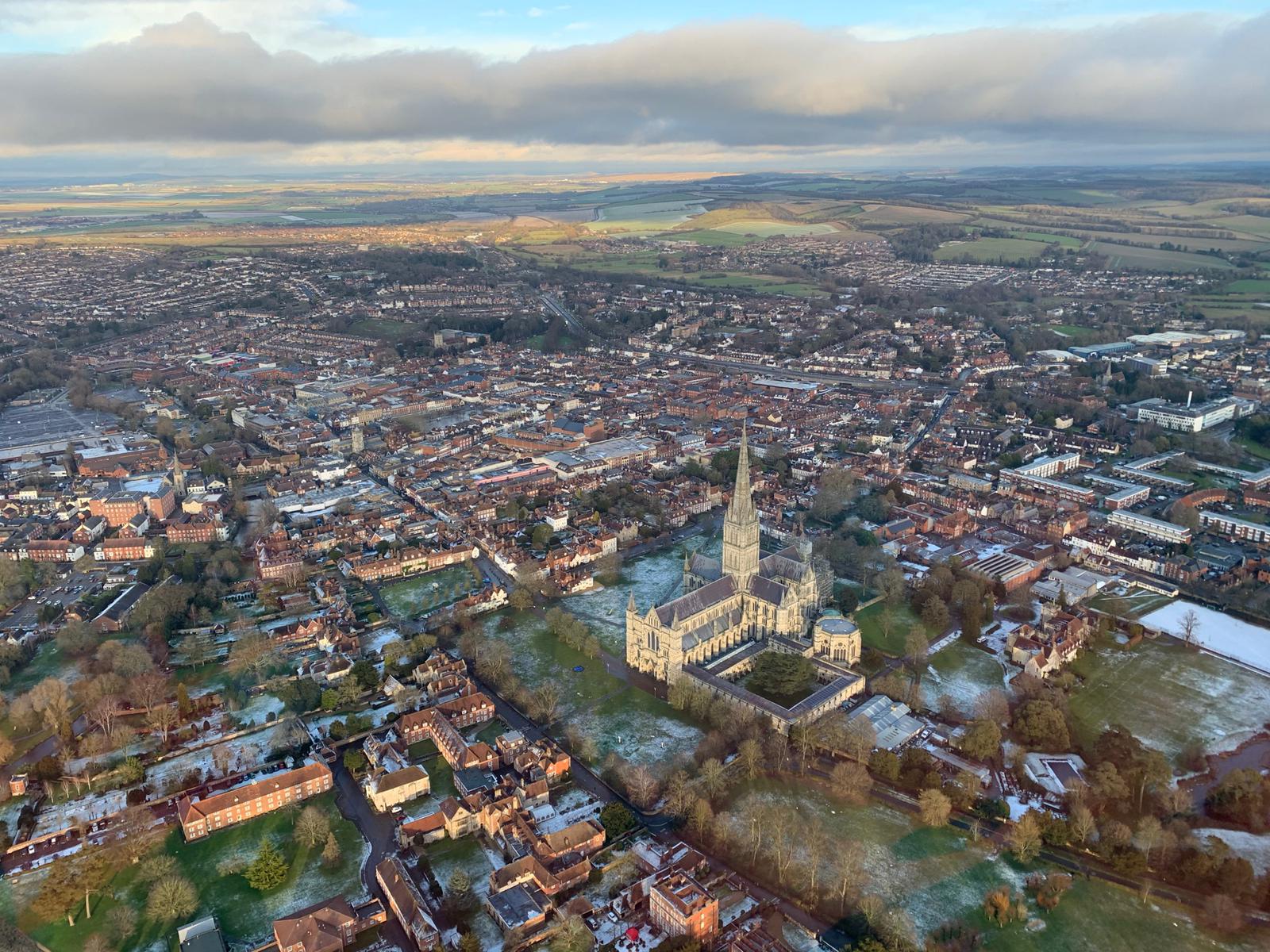 Snow Salisbury Catherdral Aerial