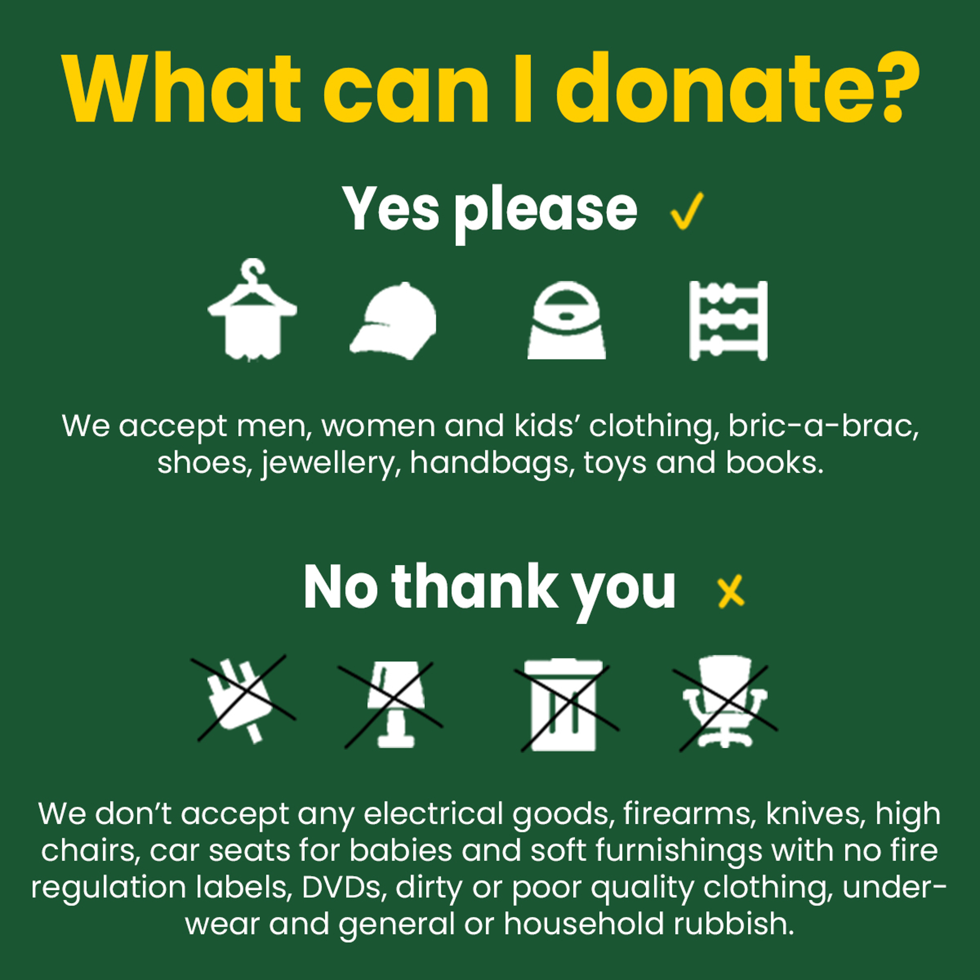 An infographic describing acceptable and unacceptable items at the Devizes Charity Shop An infographic describing acceptable and unacceptable items at the Devizes Charity Shop